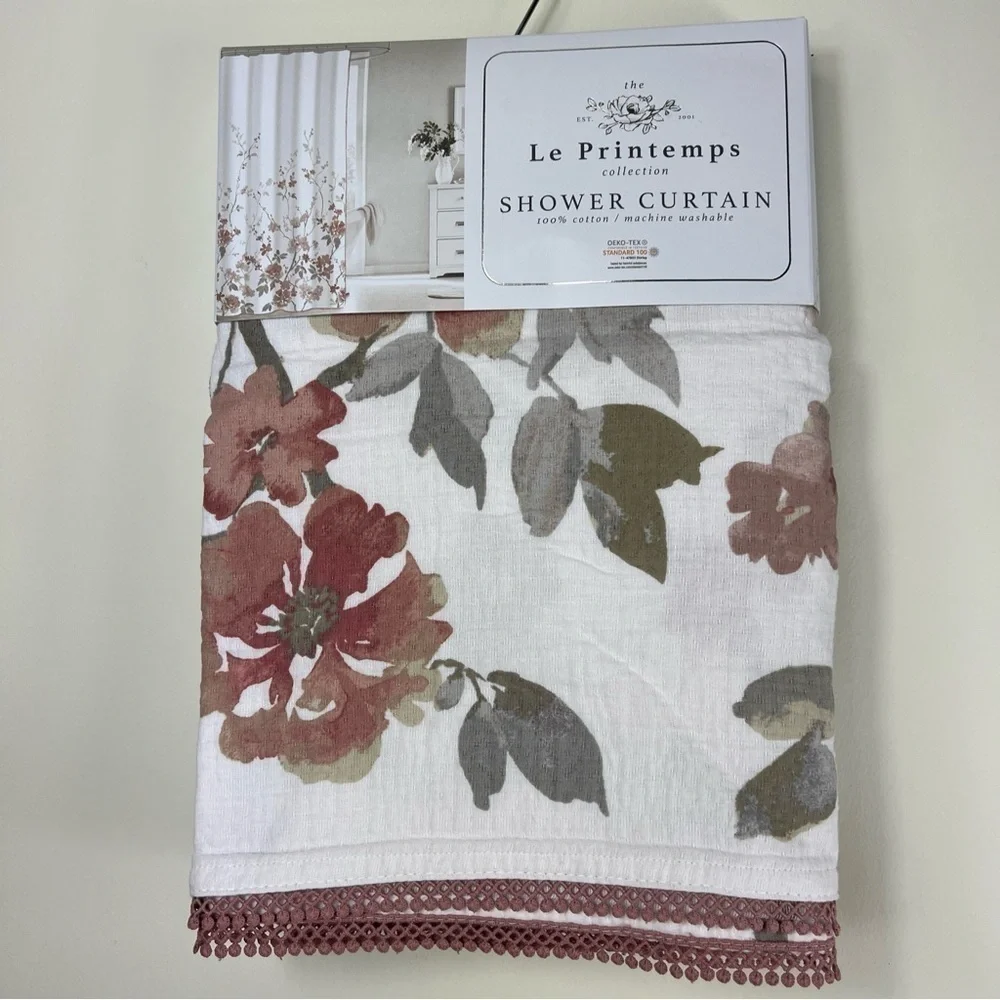 Le Printemps Floral Shower Curtain - Multi Color with Lace Trim - 100% Cotton